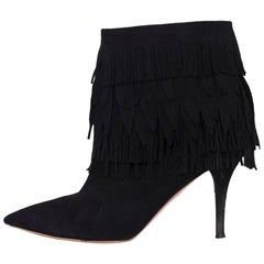 Aquazzura Sasha Black Suede Fringe Ankle Boots Sz 37.5