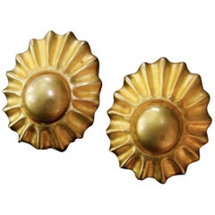 Hermes Paris Gilt Metal Sun Burst Clip on Earrings in Hermes Pouch 