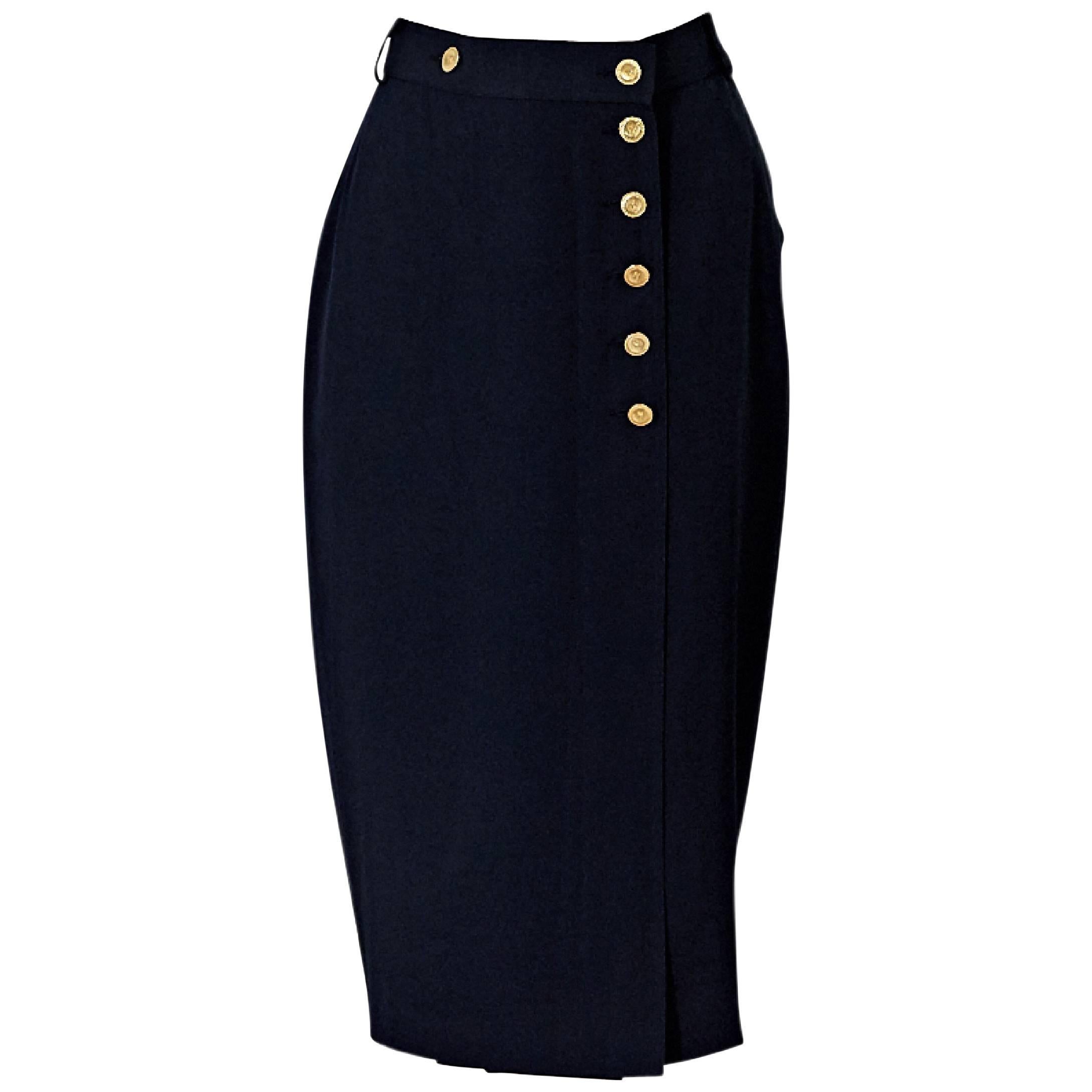 Navy Blue Chanel Silk Pencil Skirt