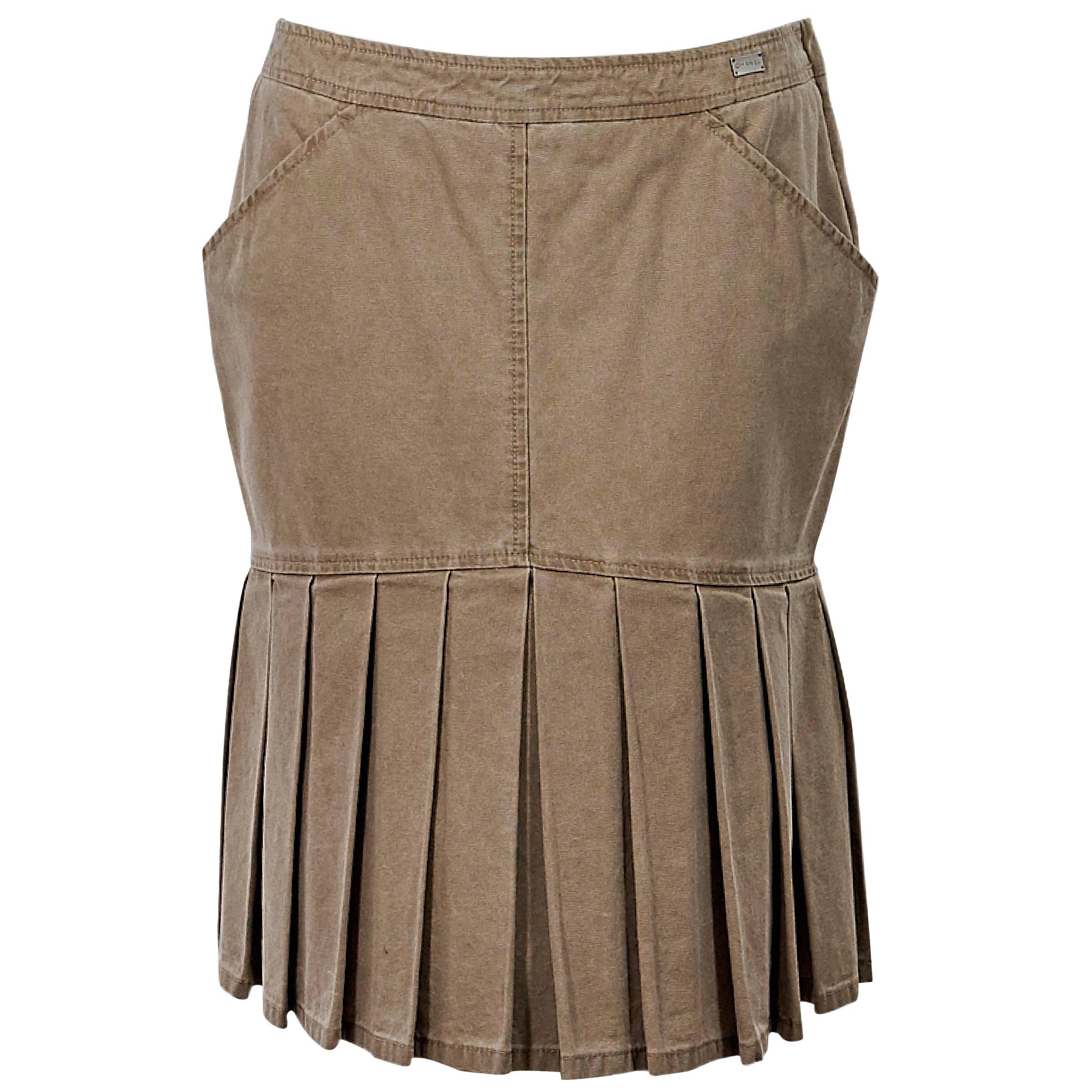Tan Chanel Pleated Denim Skirt