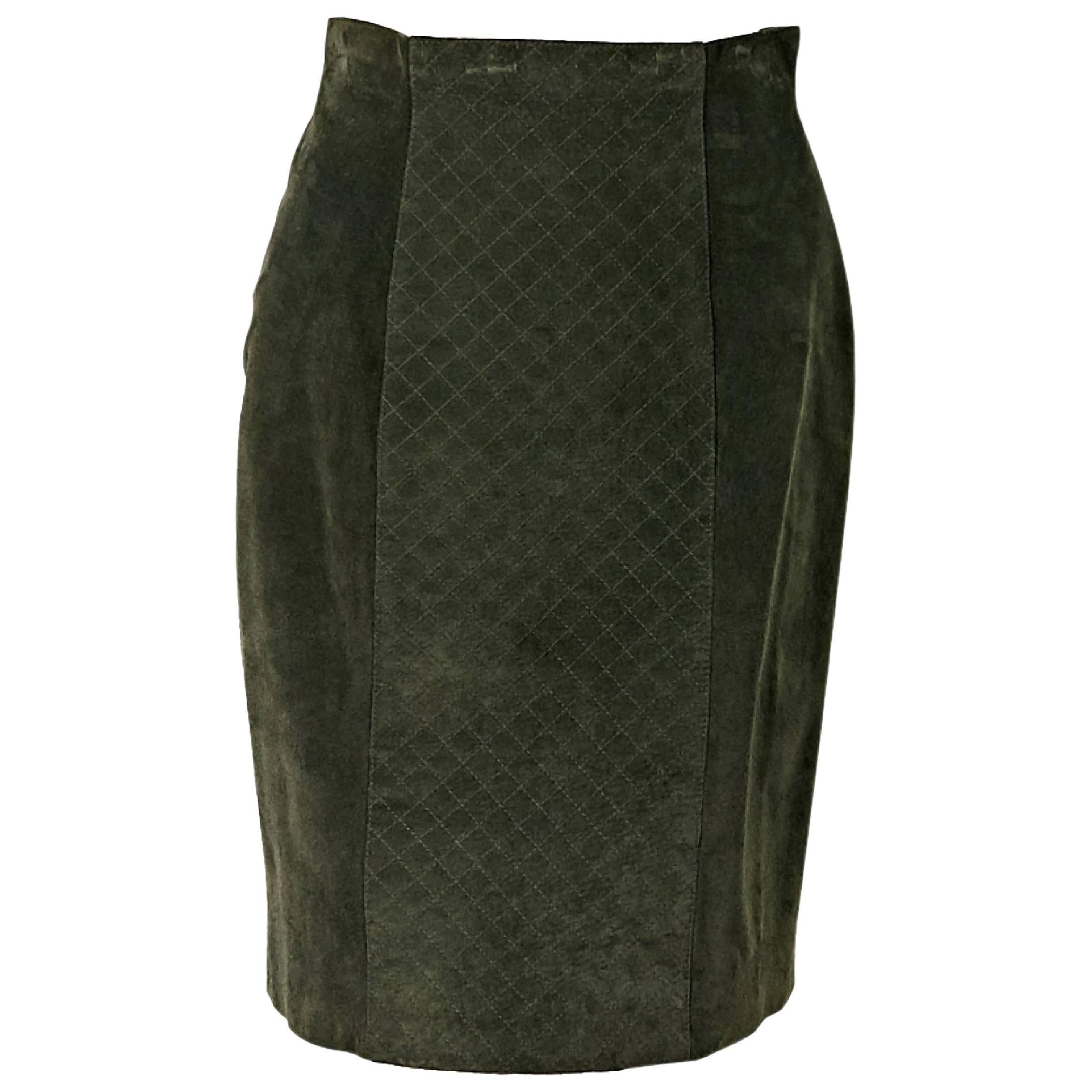 Olive Green Chanel Suede Pencil Skirt