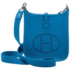 Used New in Box Hermes Mini Evelyne Blue Zanzibar Bag