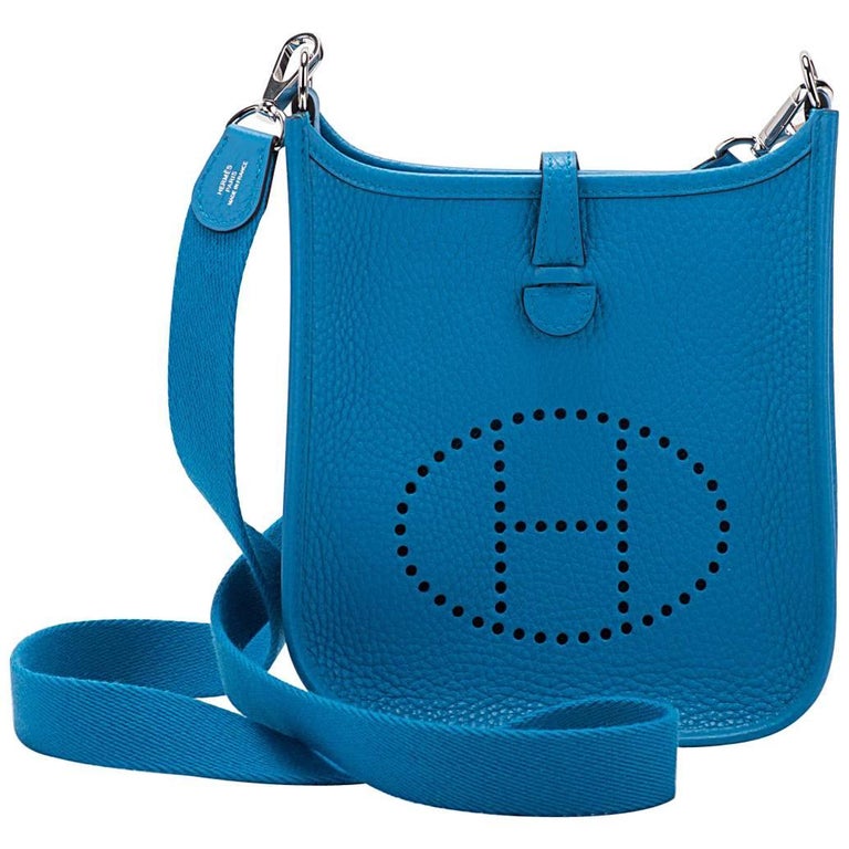 New in Box Hermes Mini Evelyne Blue Zanzibar Bag at 1stdibs