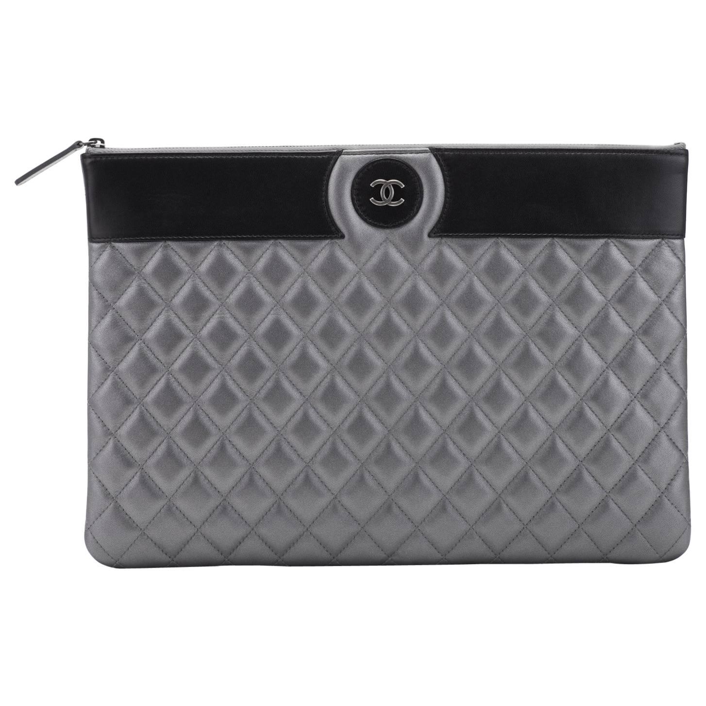 New Chanel Large Pewter Black Clutch For Sale