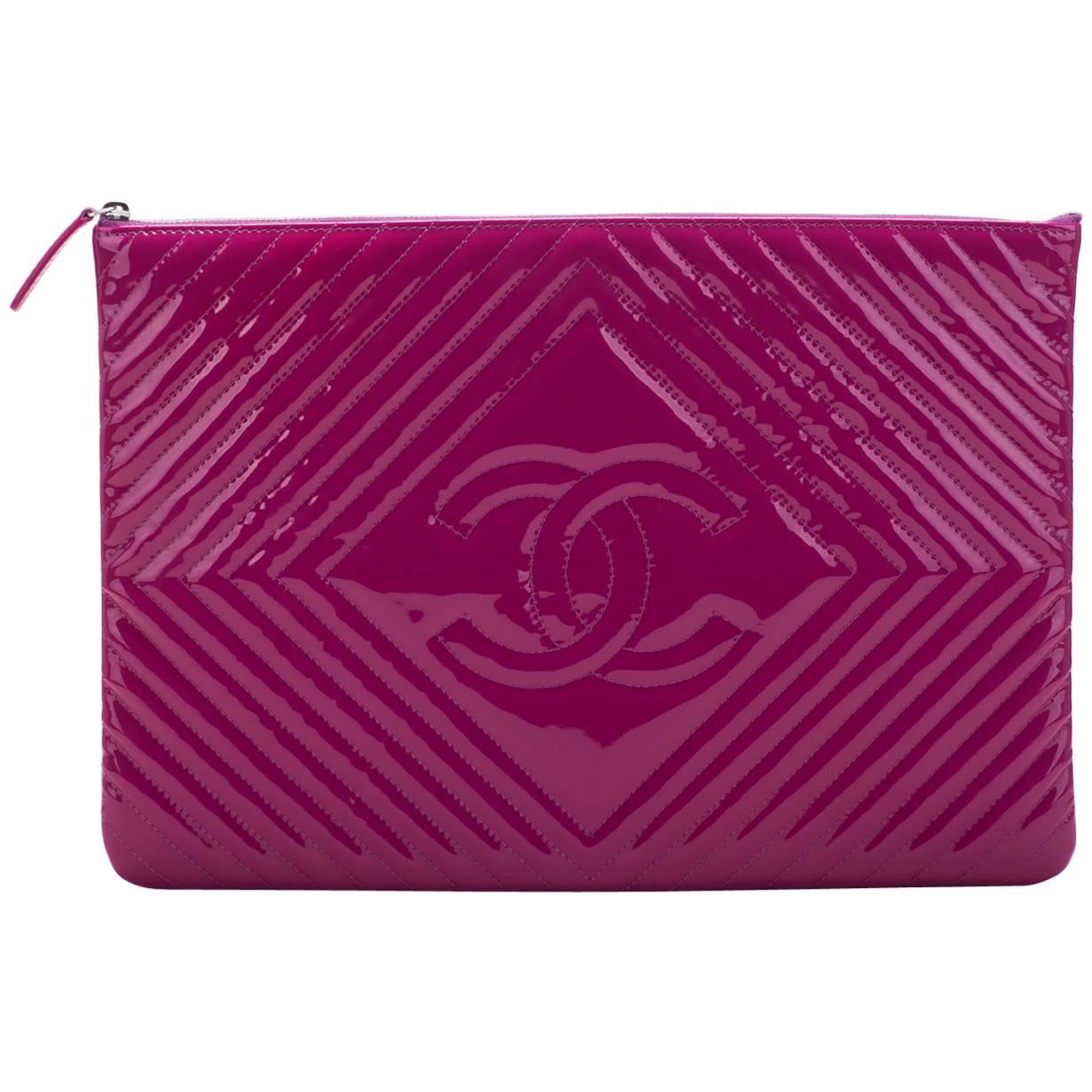New Chanel Large Magenta Patent Clutch Bag