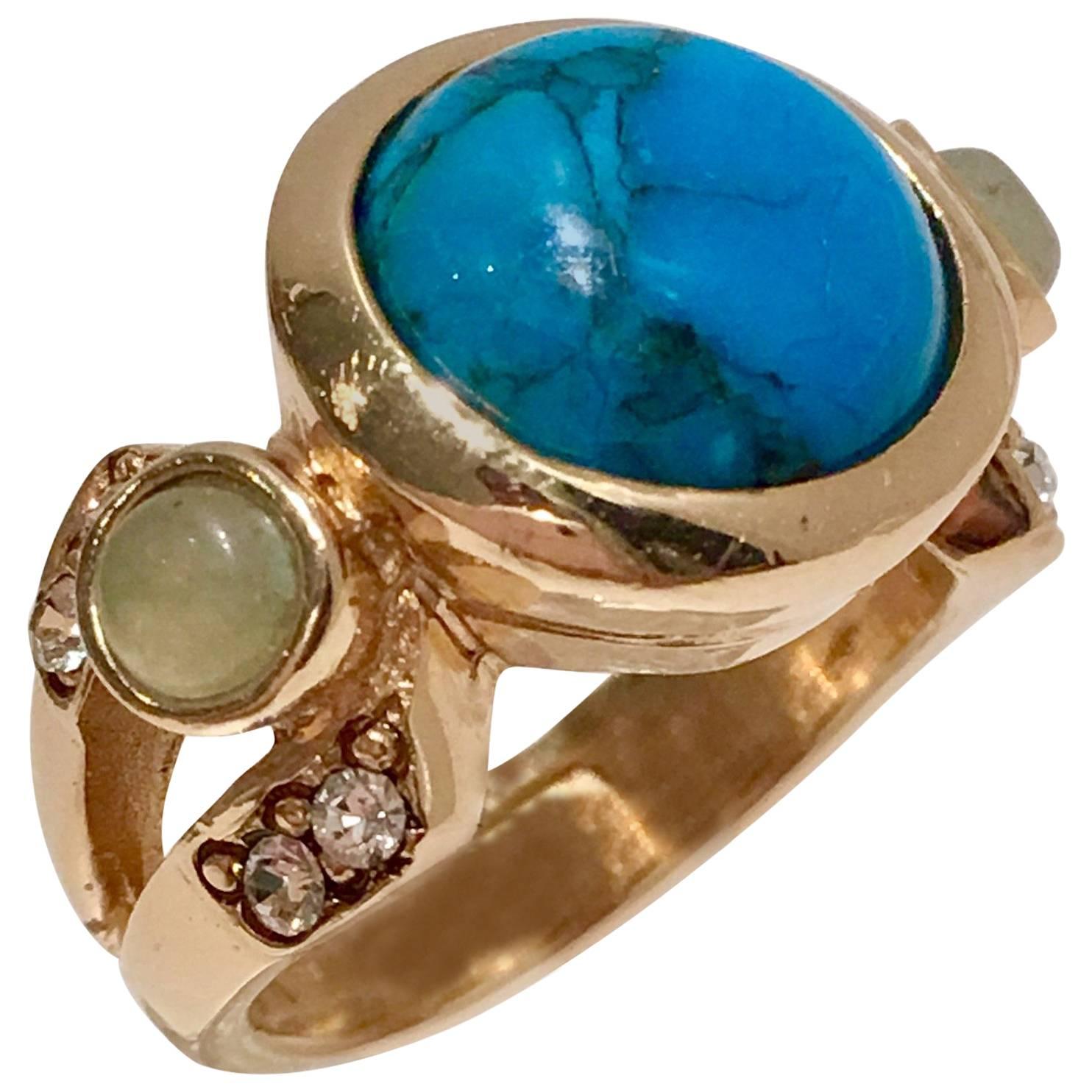 Judith Leiber Turquoise Aventurine & Gold Plate Cocktail Ring