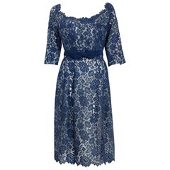 Pierre Balmain Paris Navy Lace Illusion Strapless Cocktail Dress Ensemble, 1959