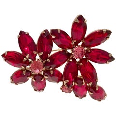 Mid-Century Ruby & Pink Sapphire Austrian Crystal Double Flower Brooch