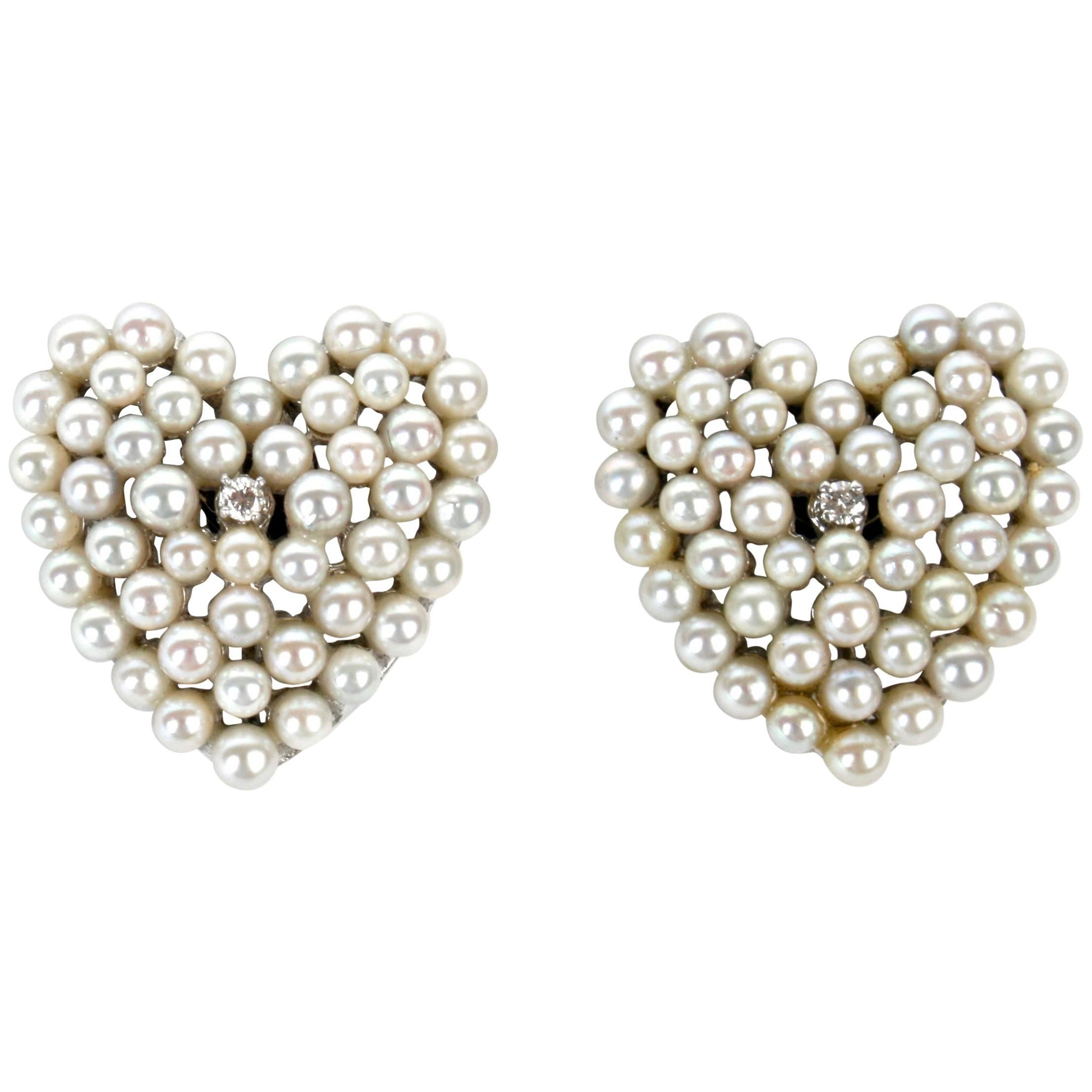 Pearl and Diamond Heart Shaped Earrings