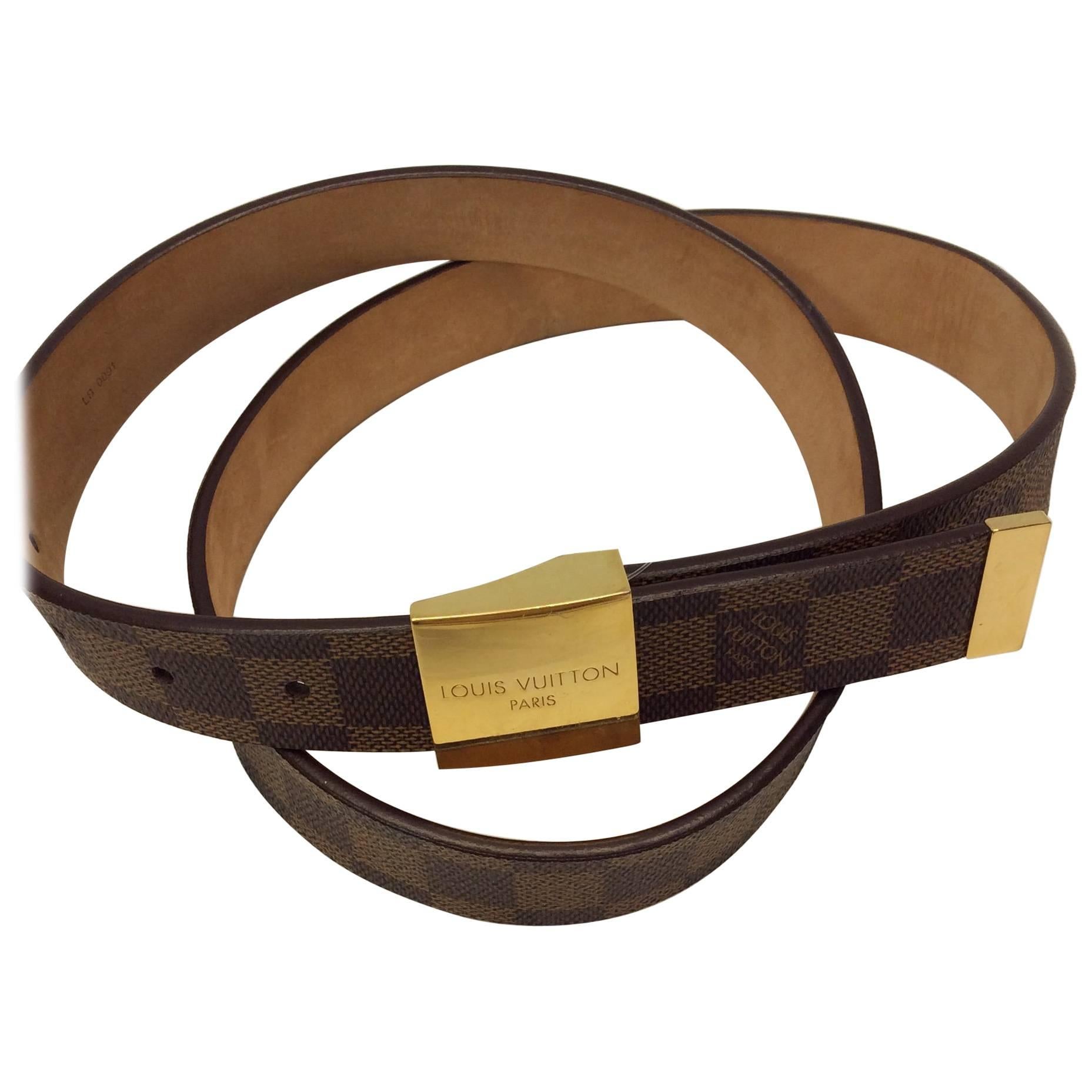 Louis Vuitton Brown Damier Belt with Gold Hardware For Sale
