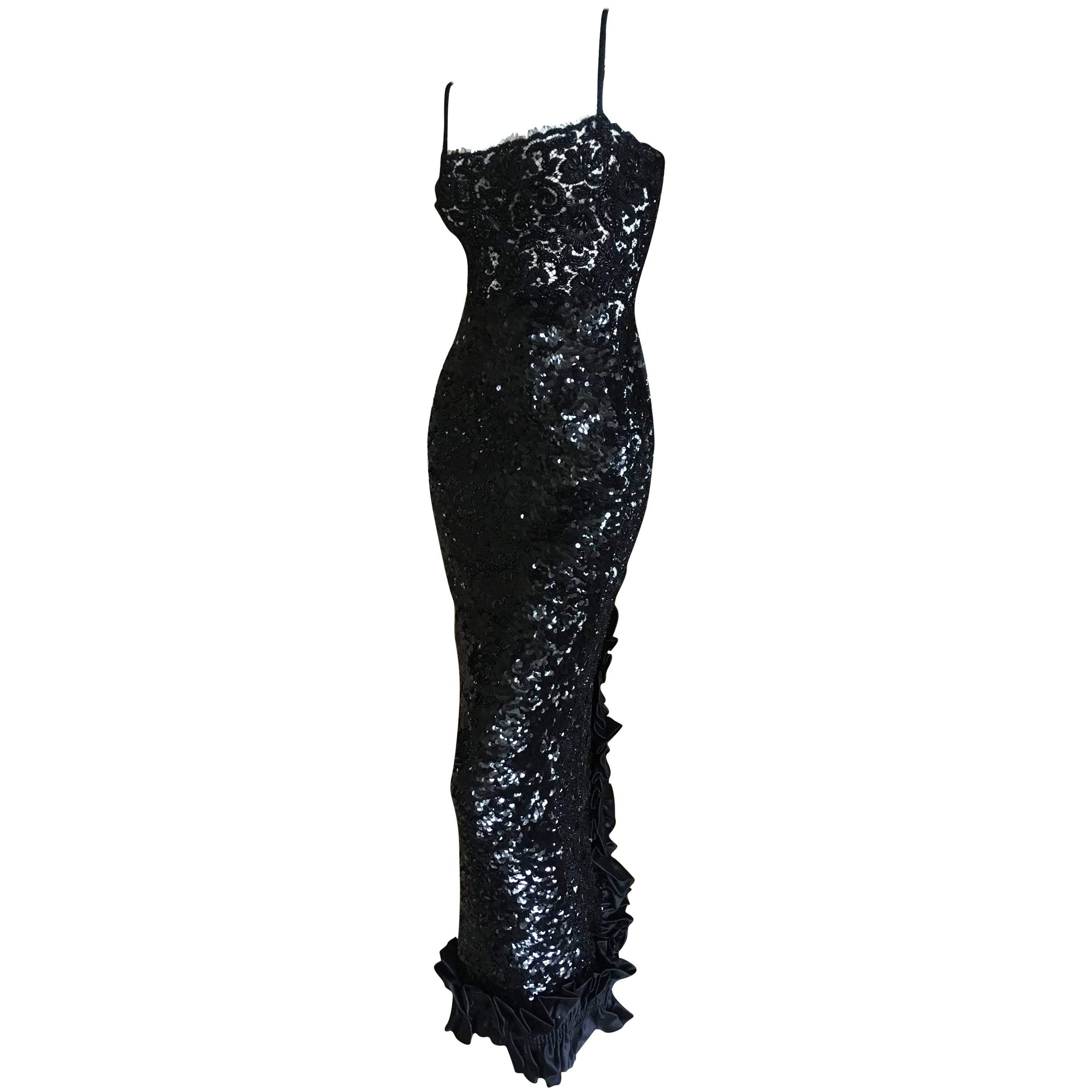 Galanos for Martha Park Avenue Embellished Black Sequin and Lace Evening Dress For Sale