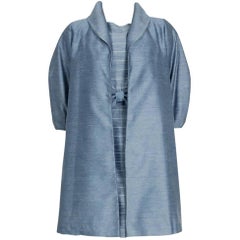 Used 1960's Baby-Blue Stripe Silk Sleeveless Cocktail Dress & Puff-Sleeve Swing Coat