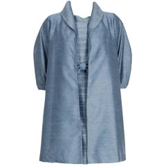 1960's Baby-Blue Stripe Silk Sleeveless Cocktail Dress & Puff-Sleeve Swing Coat 3