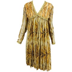 Vintage Bill Blass golden silk chiffon metallic tiger stripe cocktail dress 1970