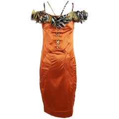 Roberto Cavalli russet stretch satin ruffle shoulder dress 12