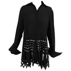 Gianfranco Ferre black crepe laser cut long sleeve button front top 2