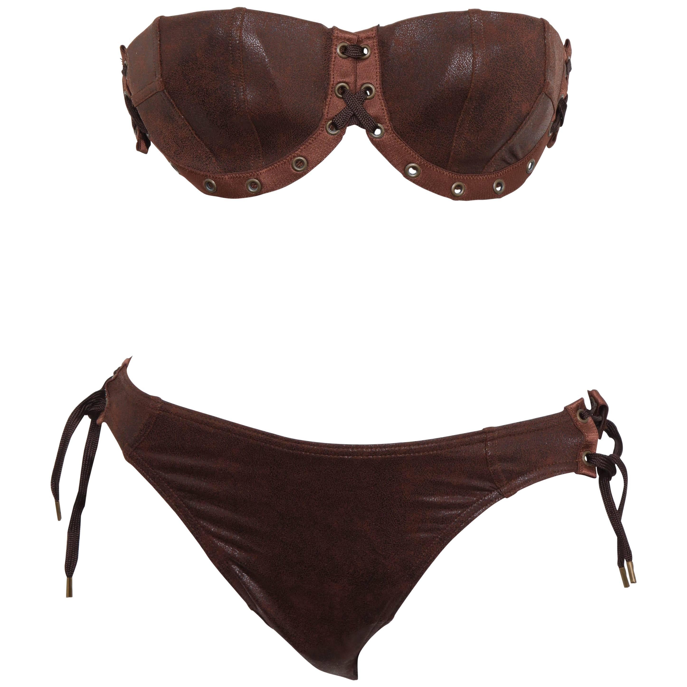 John Galliano for Christian Dior Brown Faux Leather Bikini