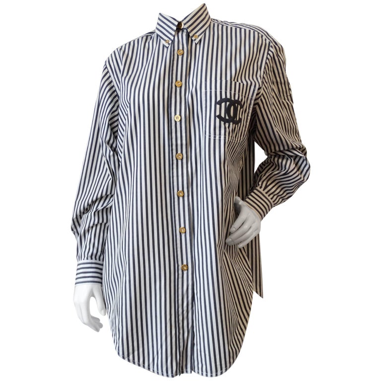 Rare 1990s Chanel Striped Button Up Dress Shirt