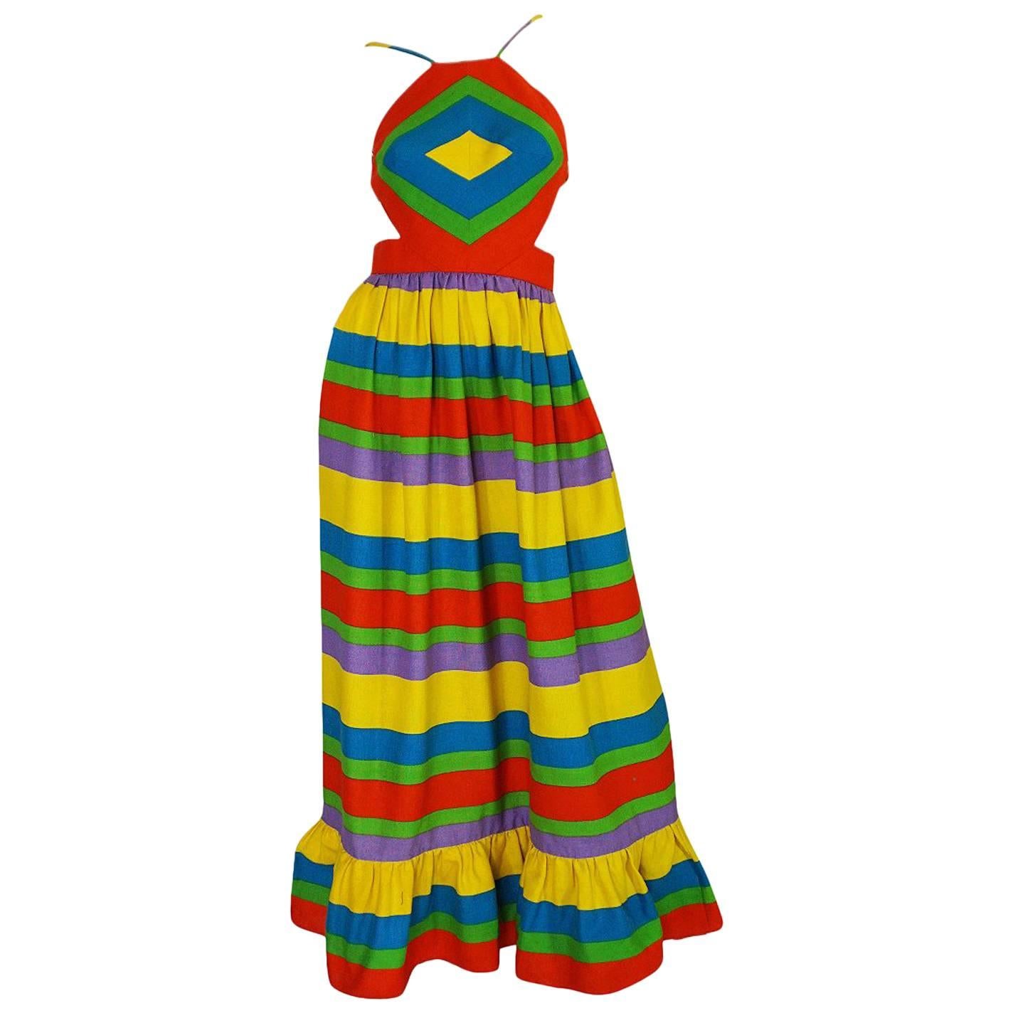 1970s Oscar de la Renta Backless Rainbow Striped Halter Dress