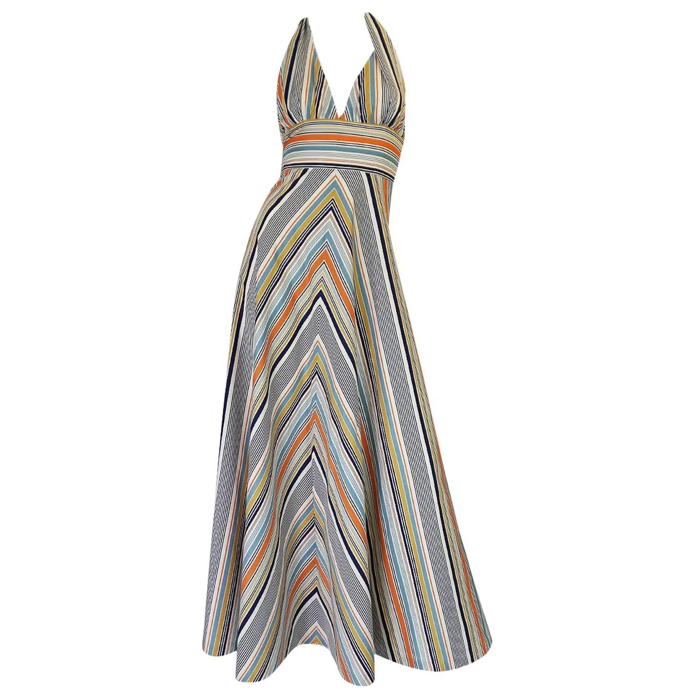 1970s Backless Cotton Striped Halter Top Maxi Sun Dress