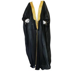 Used 1970s Black Caftan w Gold Thread Embroidered Trim & Edging