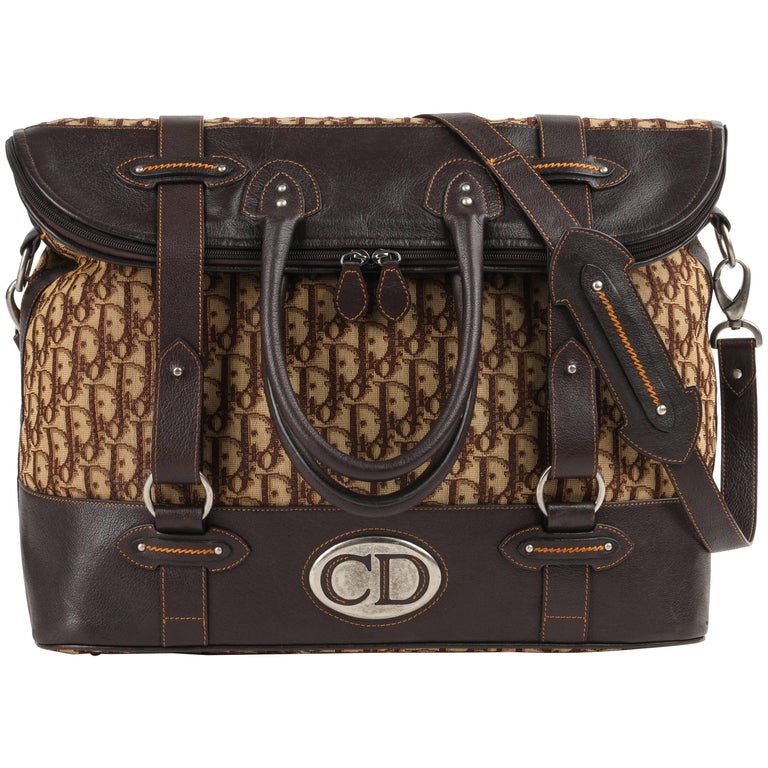 CHRISTIAN DIOR Brown Monogram Canvas and Leather Weekender Travel Bag