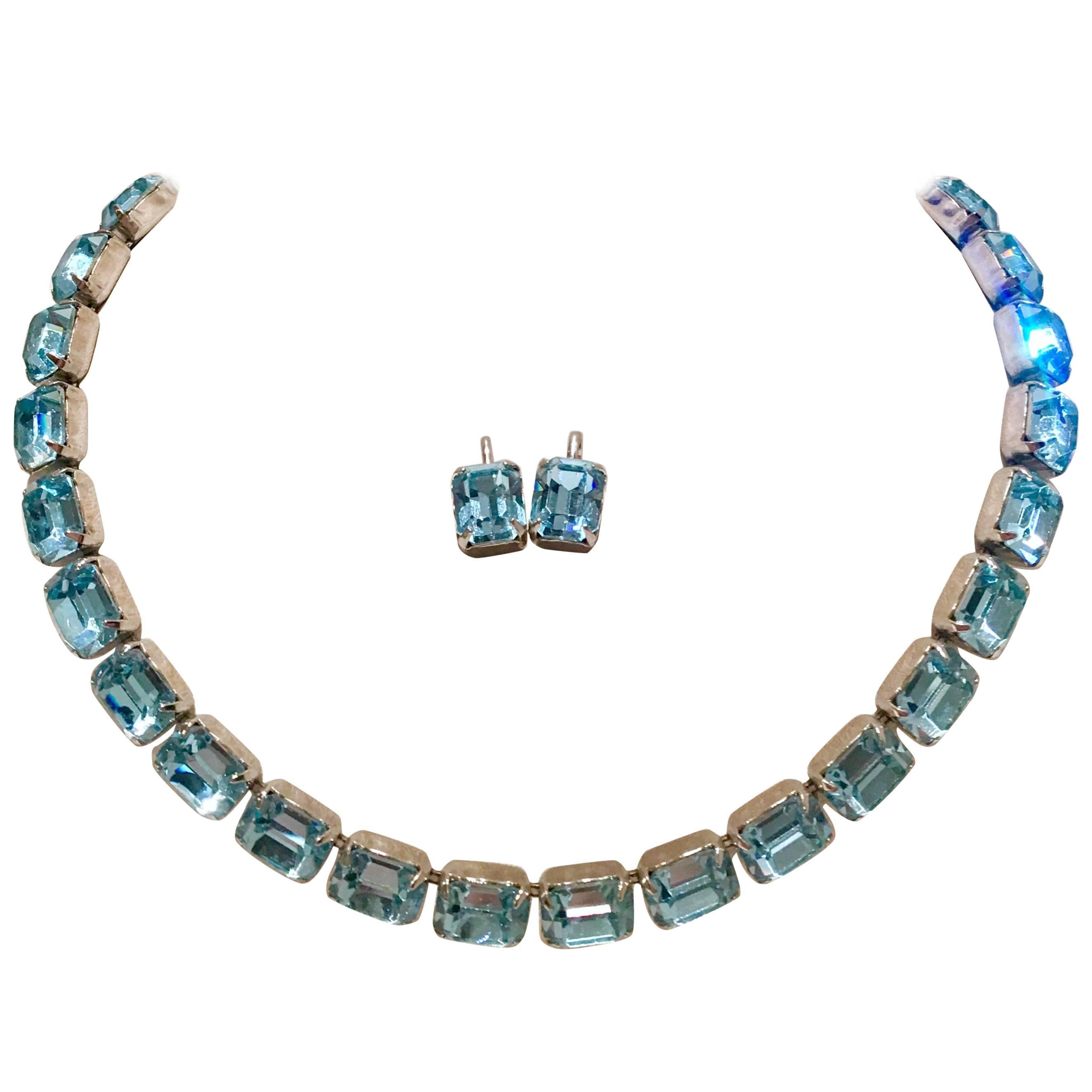 Mid-Century Weiss Sapphire Blue Austiran Crystal Choker Necklace & Earring S/3