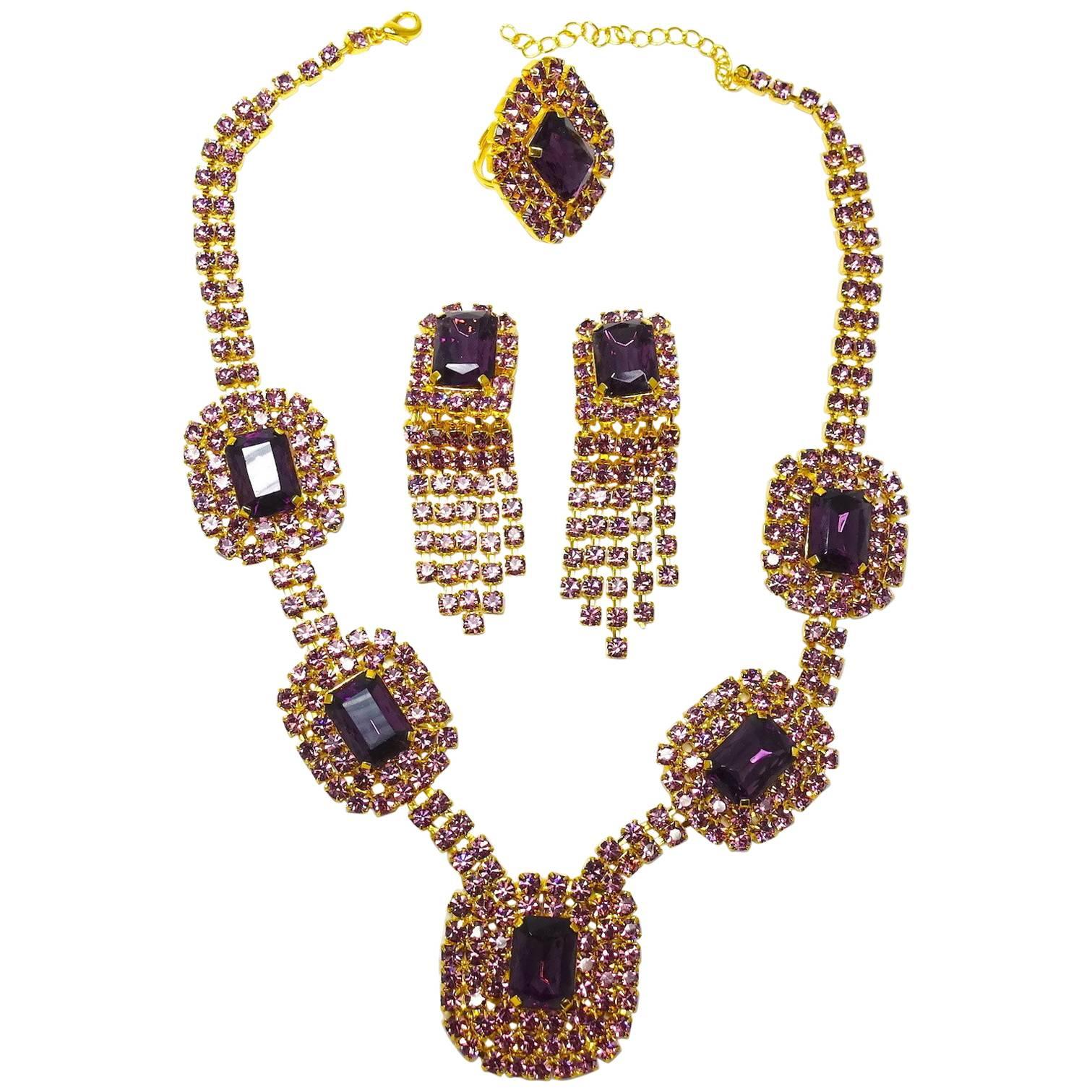 Rare Vintage Czech Amethyst Crystal Necklace, Drop Earrings & Ring For Sale