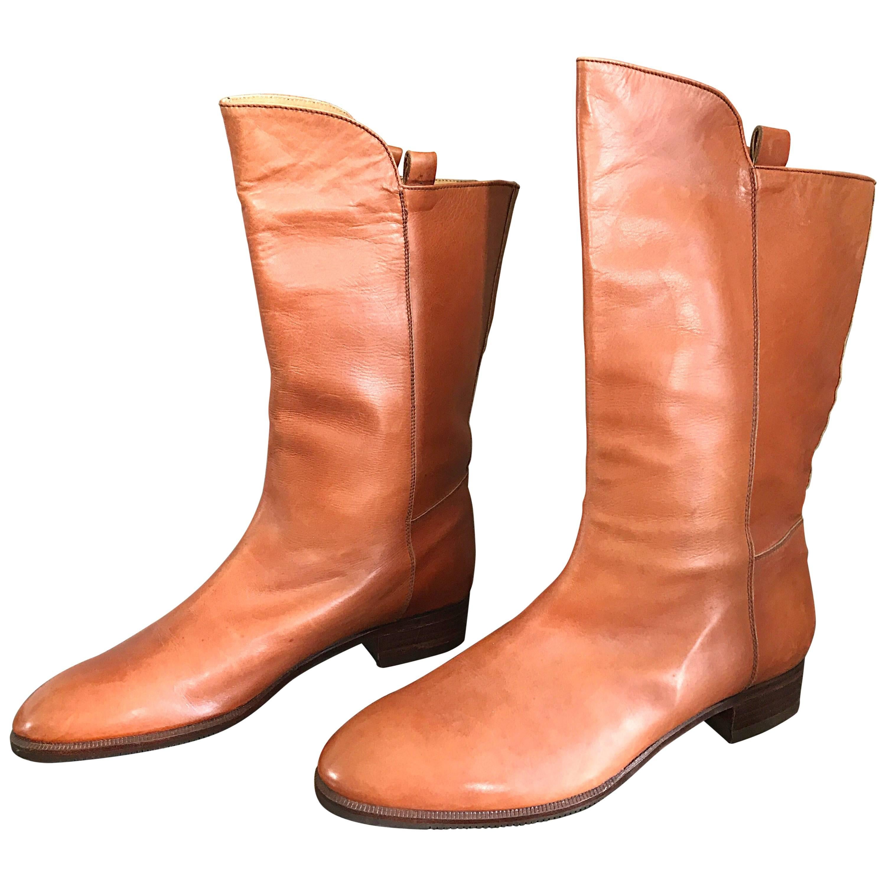 New 1980s Perry Ellis Size 6 Tan Saddle Leather Deadstock Calf Booties Boots