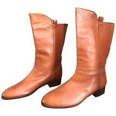 Retro New 1980s Perry Ellis Size 6 Tan Saddle Leather Deadstock Calf Booties Boots