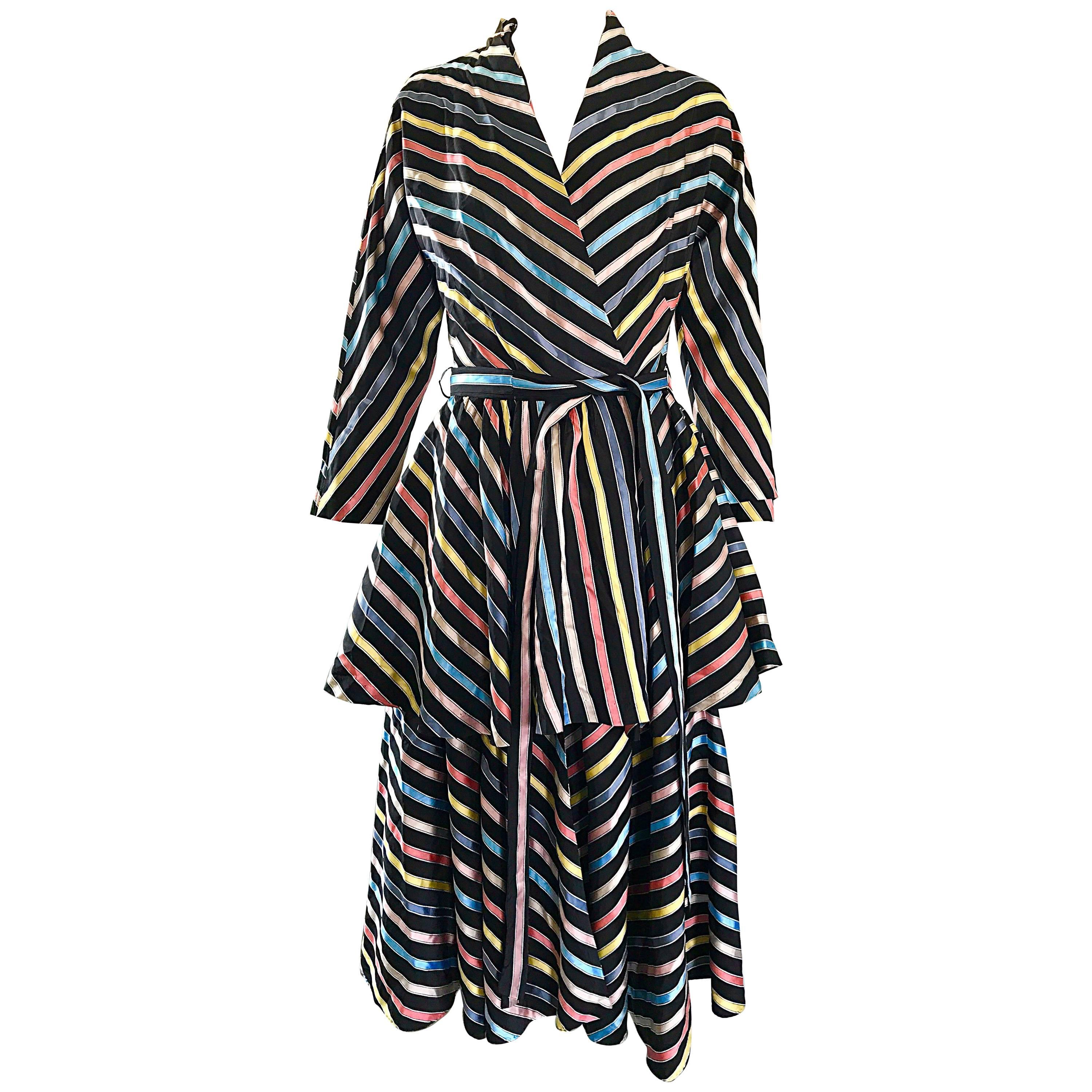 Amazing 1940s Maxan Cold SIlk Black Rainbow 3 Piece 40s Wrap Dress + Robe + Belt