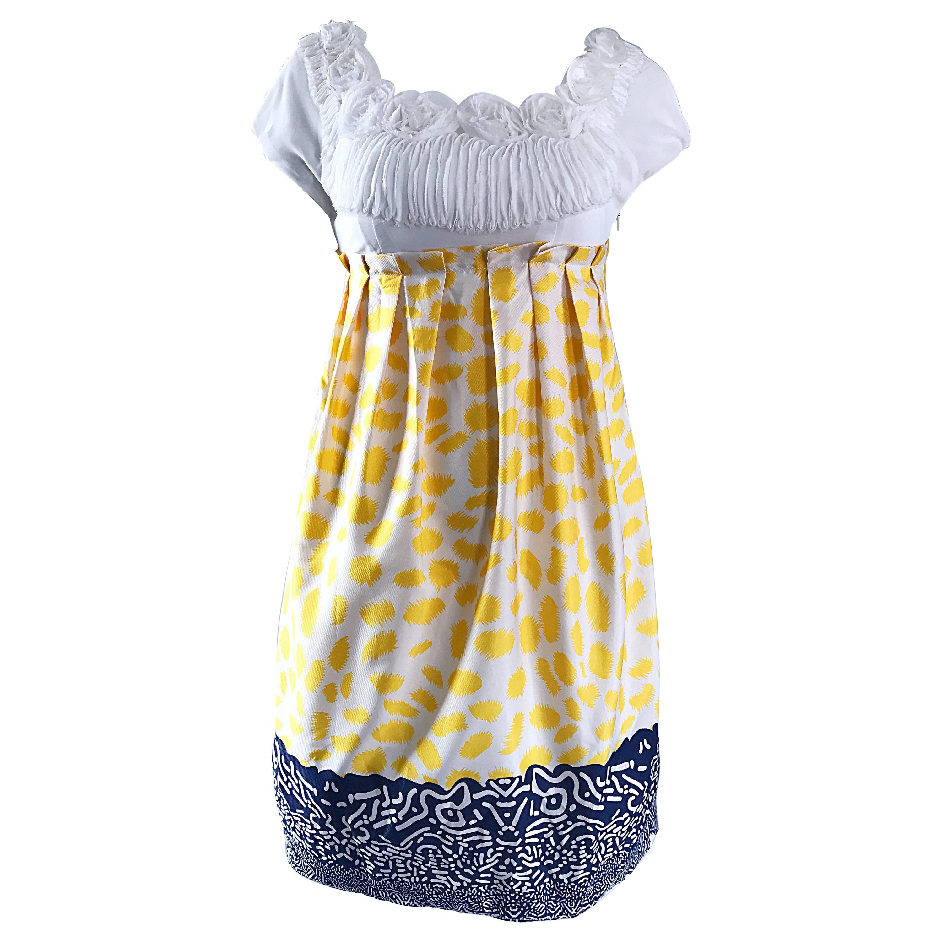 Marc Jacobs Collection White Yellow Blue Short Sleeve Size 2 Sac Nanydoll Dress For Sale