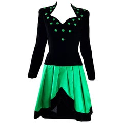 Lillie Rubin - Robe évasée vintage ajustée vert émeraude, noire et noire avec strass, taille 8, années 1990