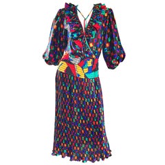 Diane Freis 1980s Colorful Mosaic Print Boho Ruffle Retro 80s Midi Dress