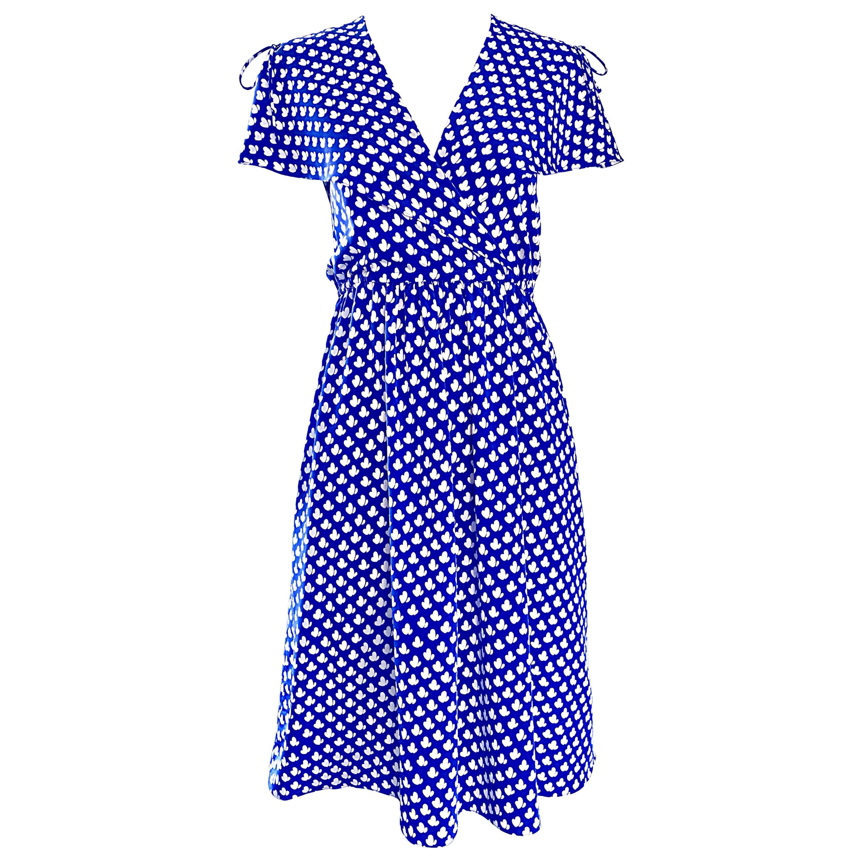 Vintage Pierre Cardin 1970s Blue + White Heart Print Flutter Sleeve 70s Dress