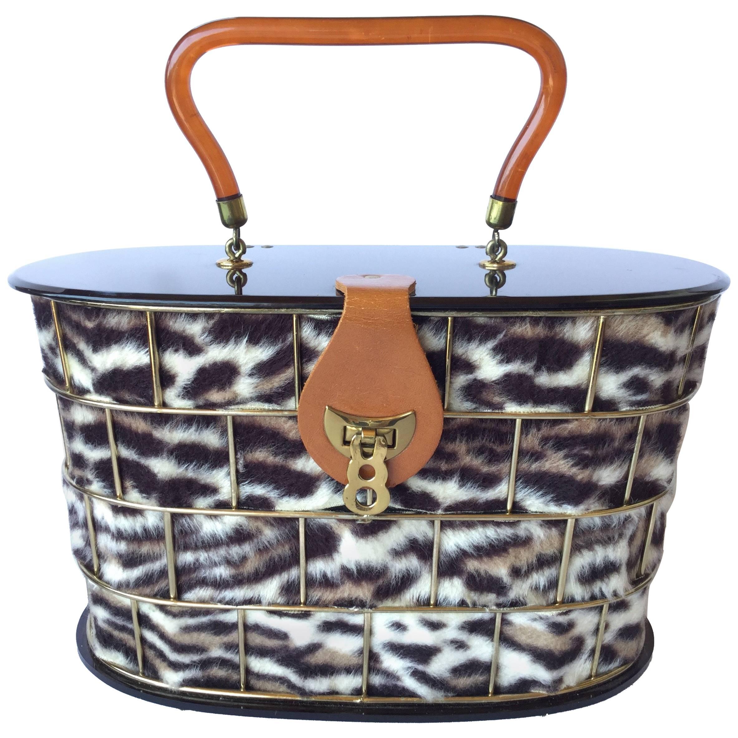 1950's Dorset Rex Cage Bag with Lucite and Faux Leopard. Large Scale.