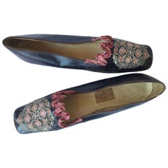 Antique Embroidered and Beribboned Shoes. French. 1840's. 12