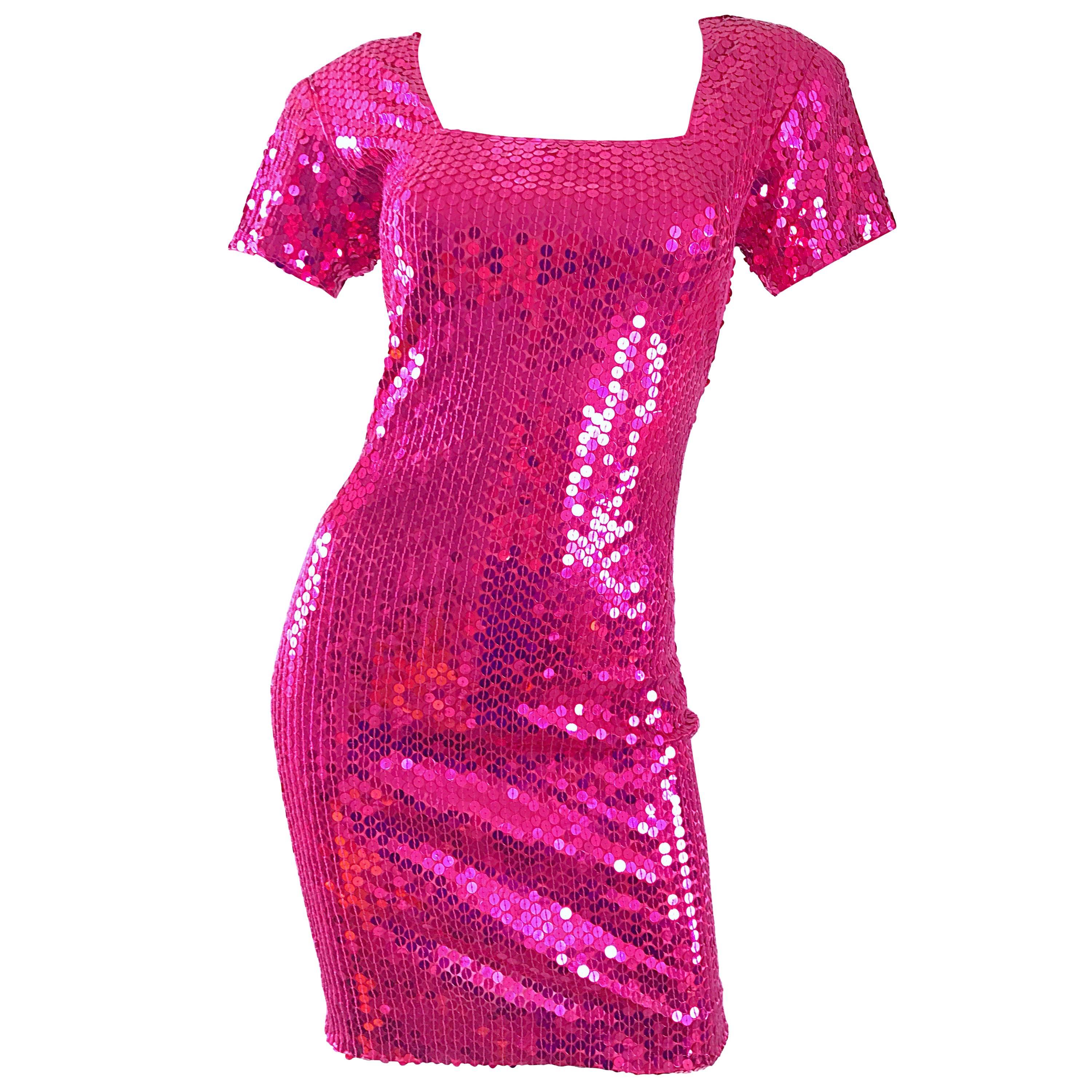 Sexy 1990s Hot Pink Fully Sequined Fuchsia Bodycon Vintage 90s Mini Dress For Sale