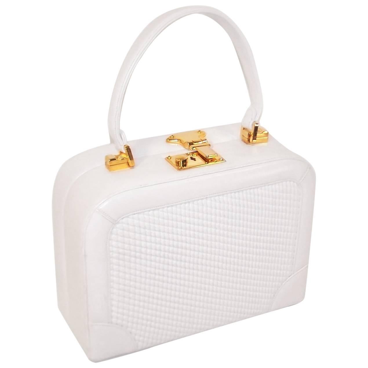 C.1990 Judith Leiber White Leather Box Handbag With Convertible Handles