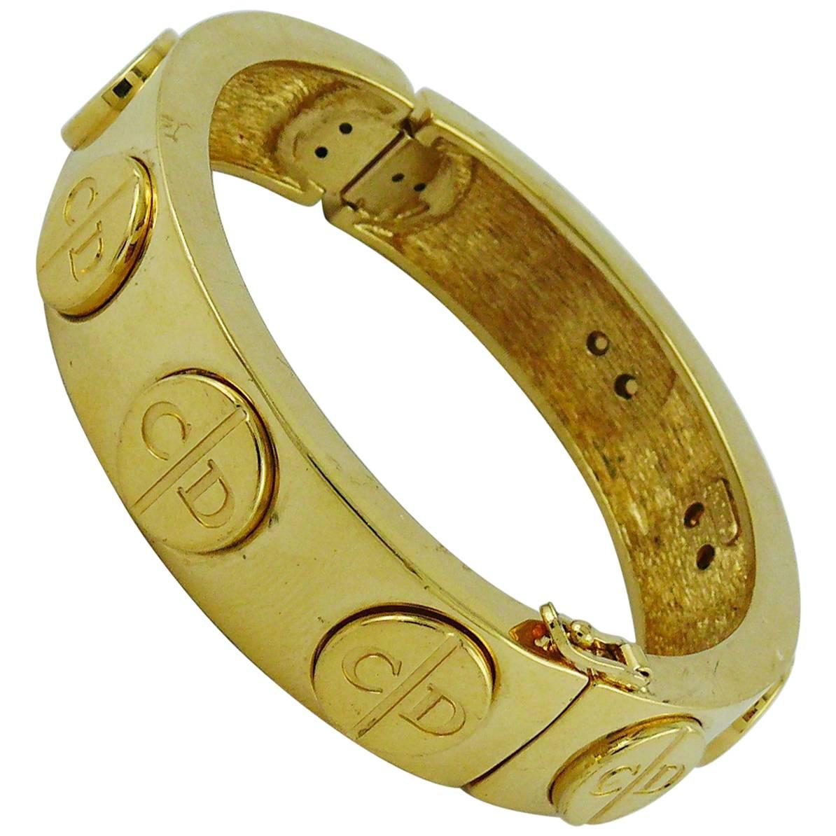 Christian Dior Vintage Gold Toned Signature Monogram Bangle Bracelet For Sale