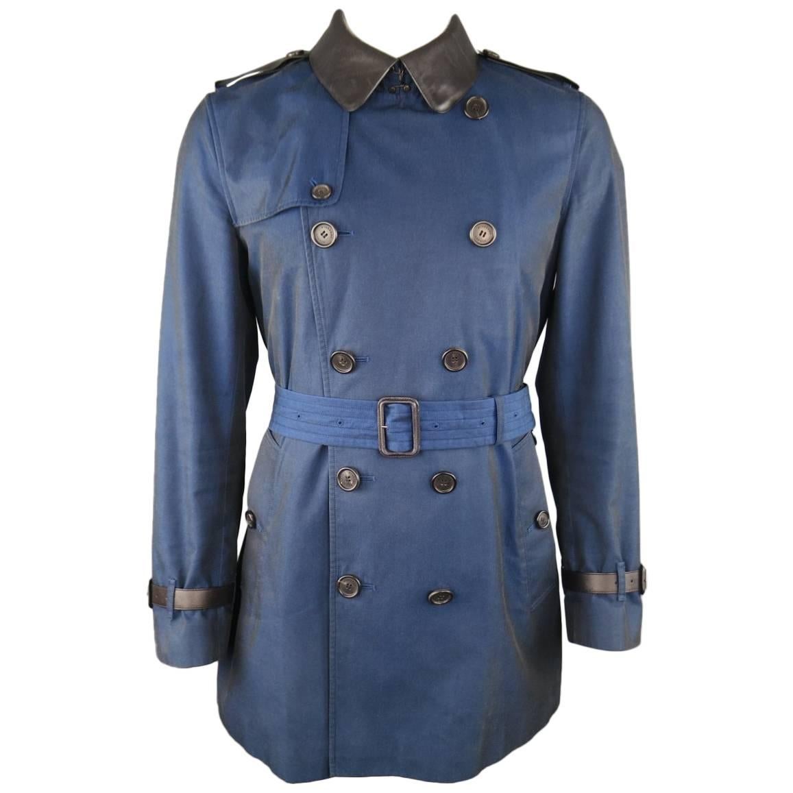Men's BURBERRY LONDON 42 Navy Blue Sharkskin Cotton & Black Leather Trenchcoat