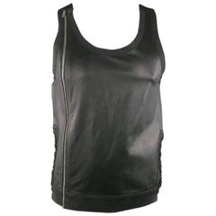 Men's RICK OWENS Size M Black Leather Lace Up Zip Tank Top Vest