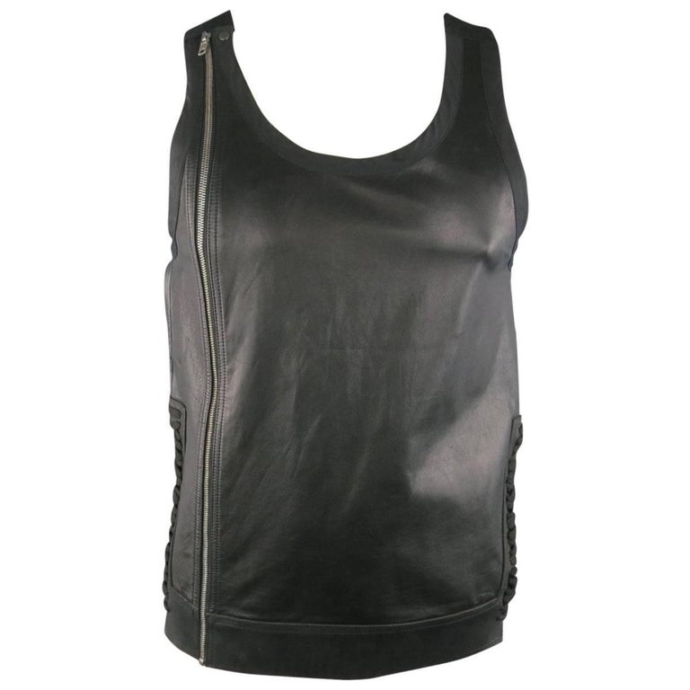 Men's RICK OWENS Size M Black Leather Lace Up Zip Tank Top Vest at 1stdibs