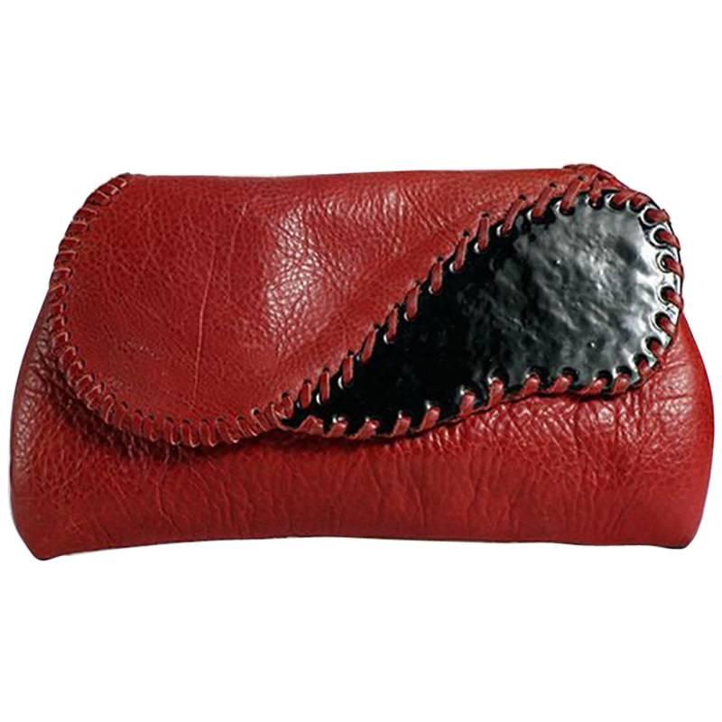 Red Leather Whip Stitched Enamel Clutch, circa 1980