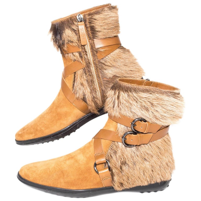 Tod's Goat Fur and Leather Buckle Boots For Sale at 1stdibs