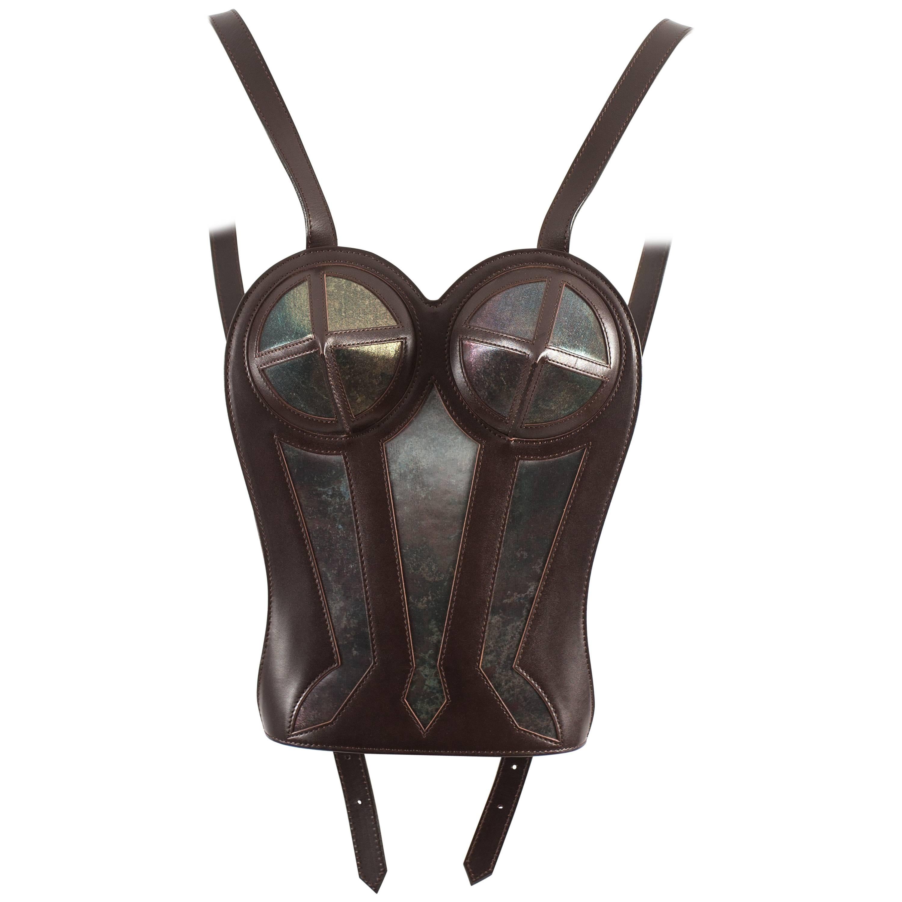 Jean Paul Gaultier 1998 brown leather bustier backpack  For Sale