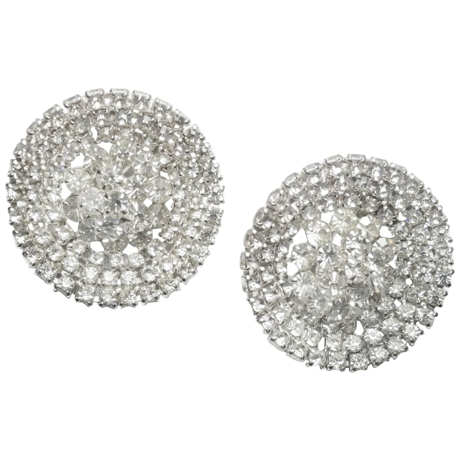 Round Rhinestone Clip Large Statement Earrings, 1970s  For Sale