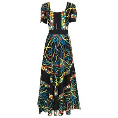 1970s Valditevere Firenze Black Multi Color Print Cotton Dress