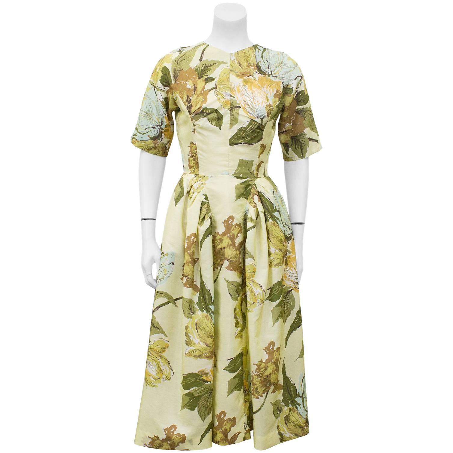 1950s Schiaparelli 'Maribeau' Yellow Floral Printed Fabric Custom Made Dress