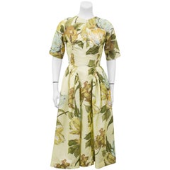 Retro 1950s Schiaparelli 'Maribeau' Yellow Floral Printed Fabric Custom Made Dress